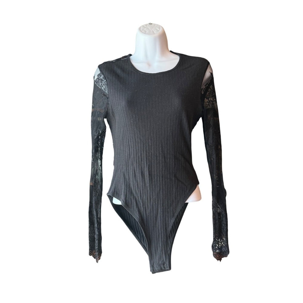 SHEIN Black Ribbed Lace‎ Sleeve Open Back Bodysuit Size Medium